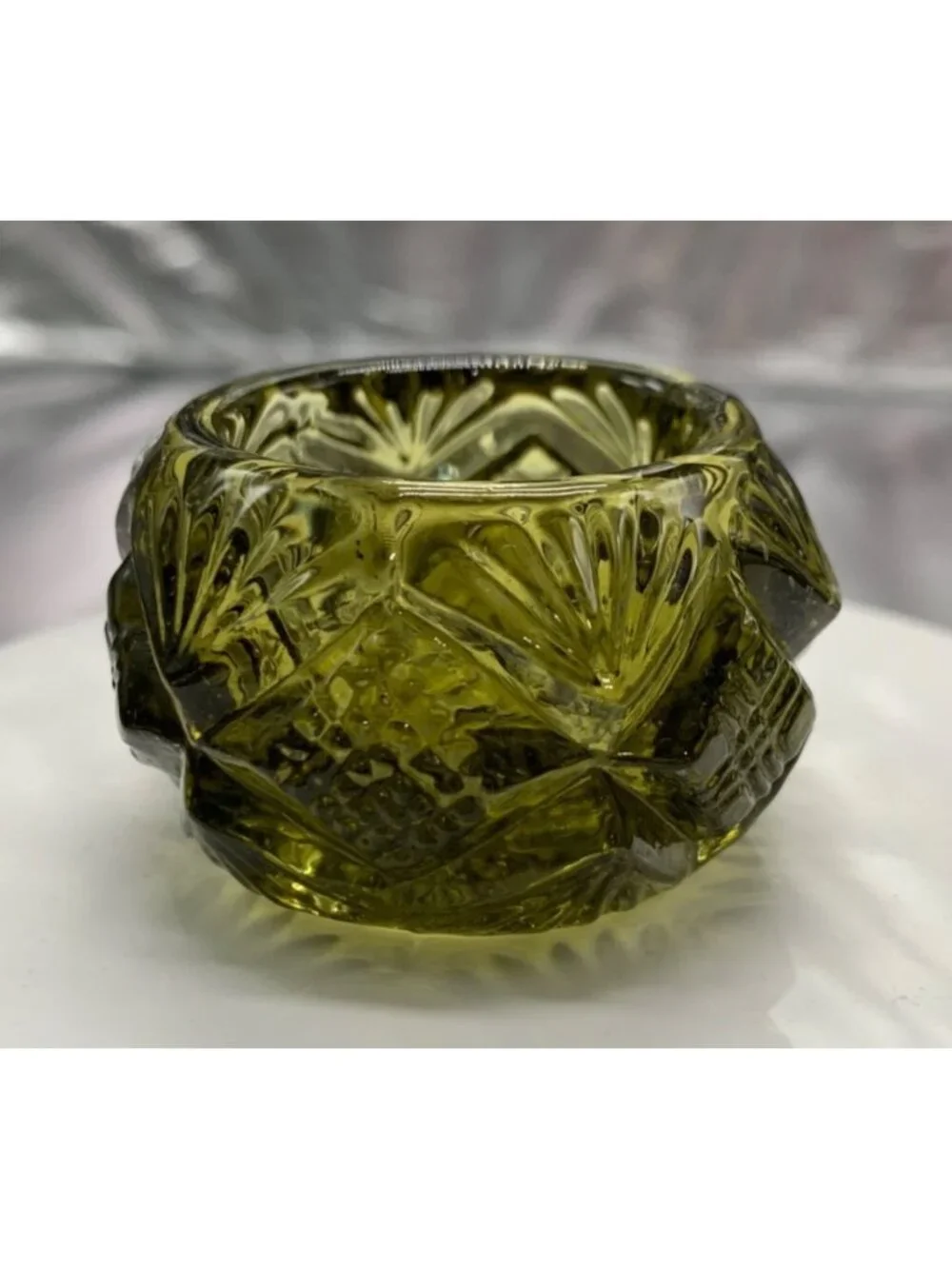Vintage Olive Green Glass Salt Cellar Geometric Cut Pattern Design